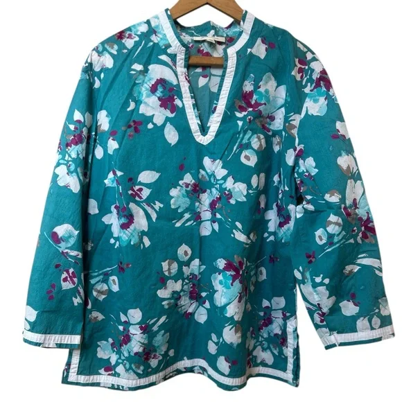 🍪 JM Collection Floral Teal Cotton Tunic Top 16 - Picture 1 of 5